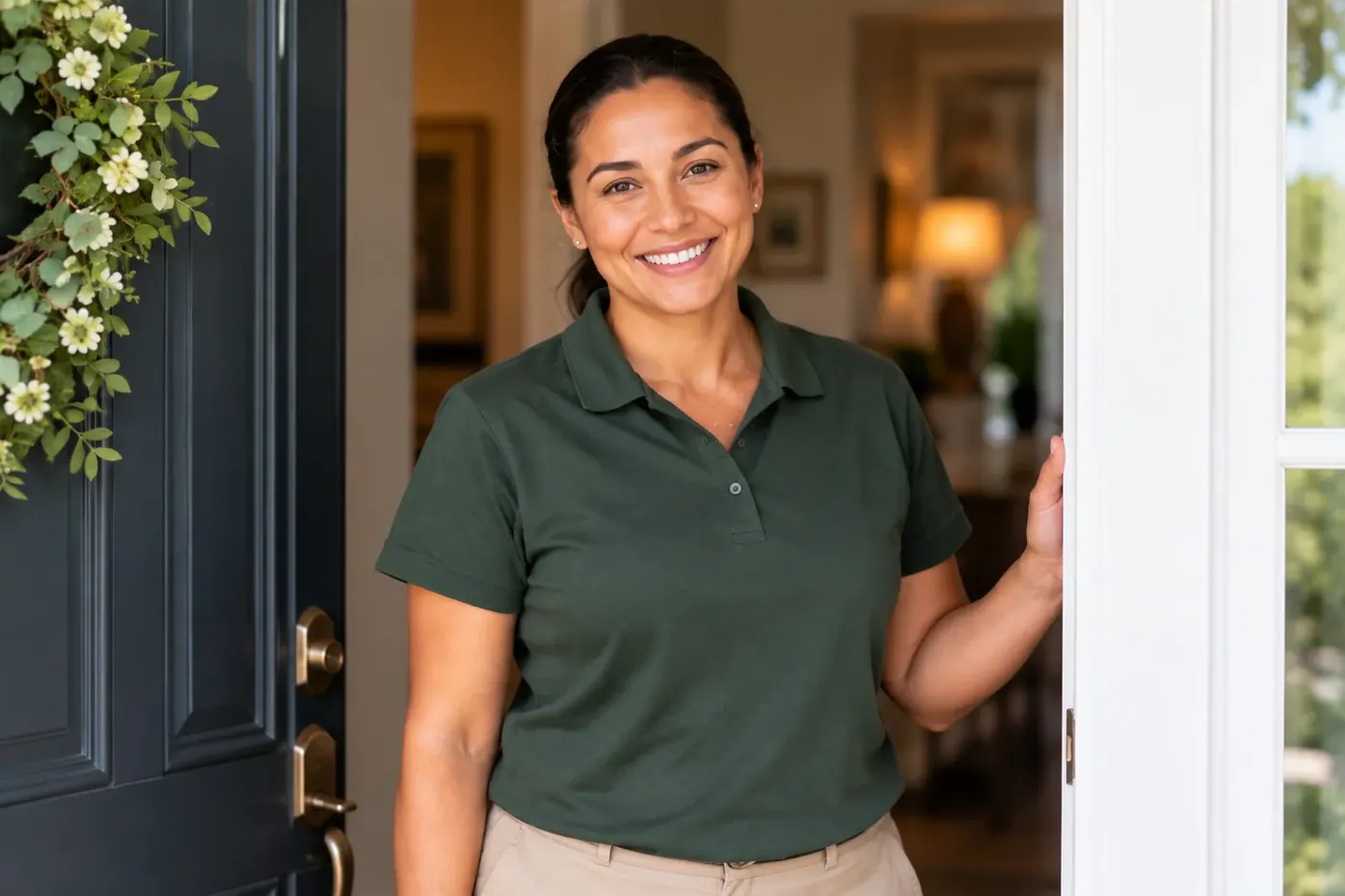A caregiver in plain clothes standing in a sunlit home doorway