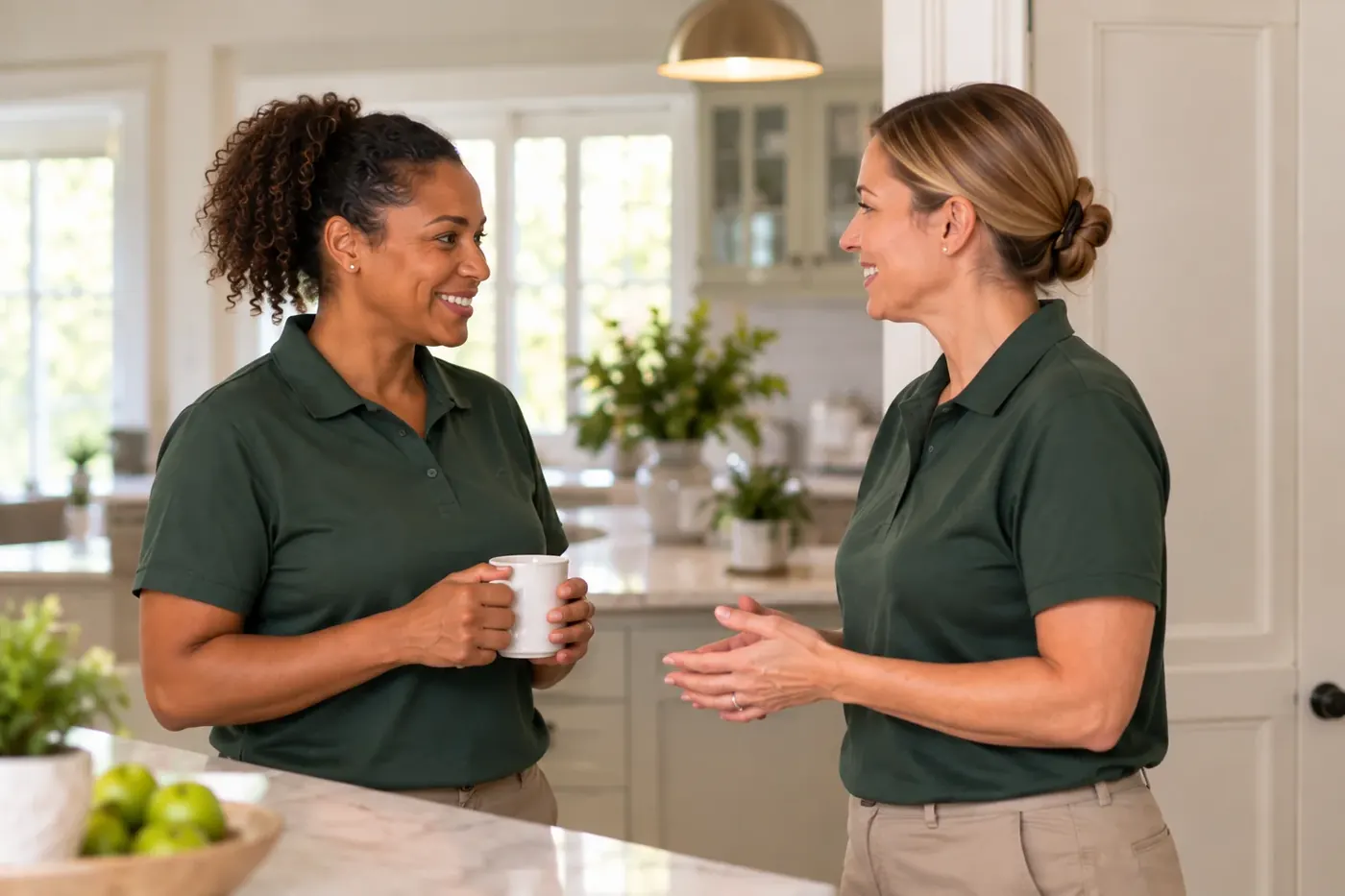 Two caregivers talking in a bright kitchen doorway between visits