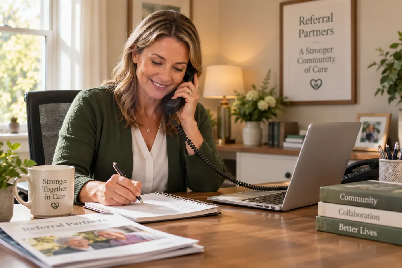 A healthcare professional making notes at a desk during a phone call