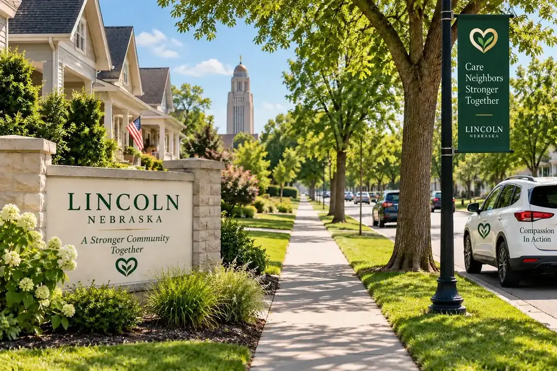 A quiet tree-lined residential street in Lincoln, Nebraska